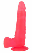 Розовый фаллоимитатор с удлинённой мошонкой - 16,5 см.