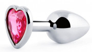 Серебристая анальная пробка с розовым кристаллом-сердечком - 7 см.