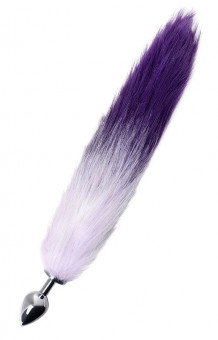 Серебристая металлическая анальная втулка с фиолетово-белым хвостом - размер M